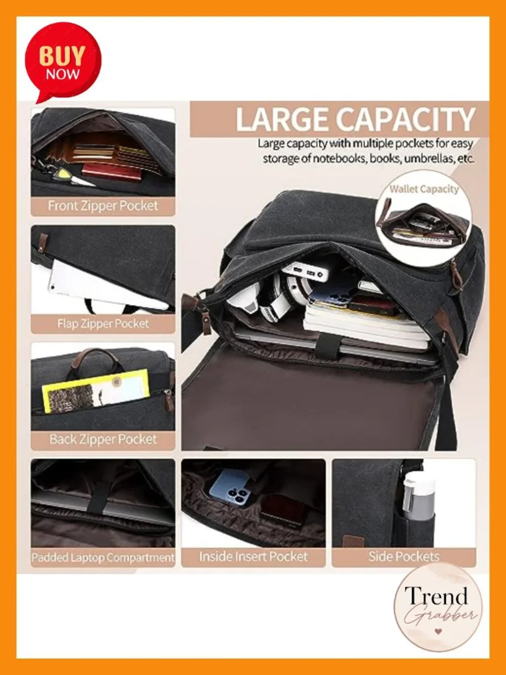 Canvas Messenger Bag for Men, 17-17.3